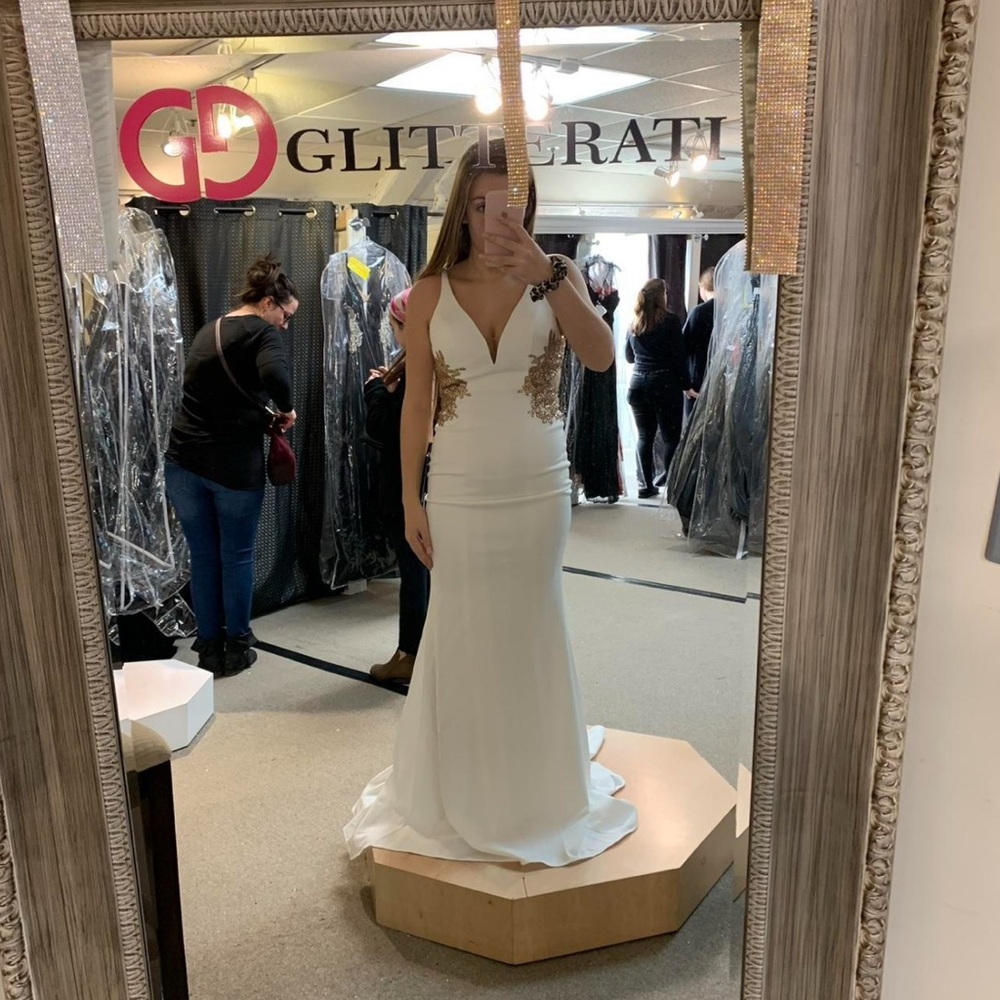 Faviana White and Gold Gown